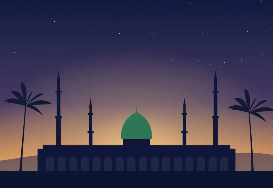 Şafak vakti Mescid-i Nebevi’nin yeşil kubbesi ve minareleri, illüstrasyon